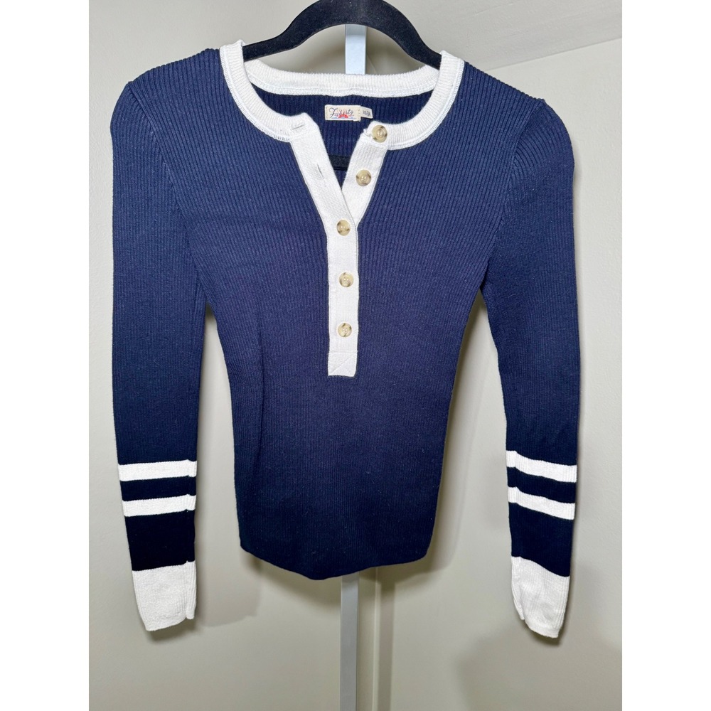 Faherty Mikki Henley Coastal Sweater Navy Organic Cotton Cashmere Ribbed  XS‎